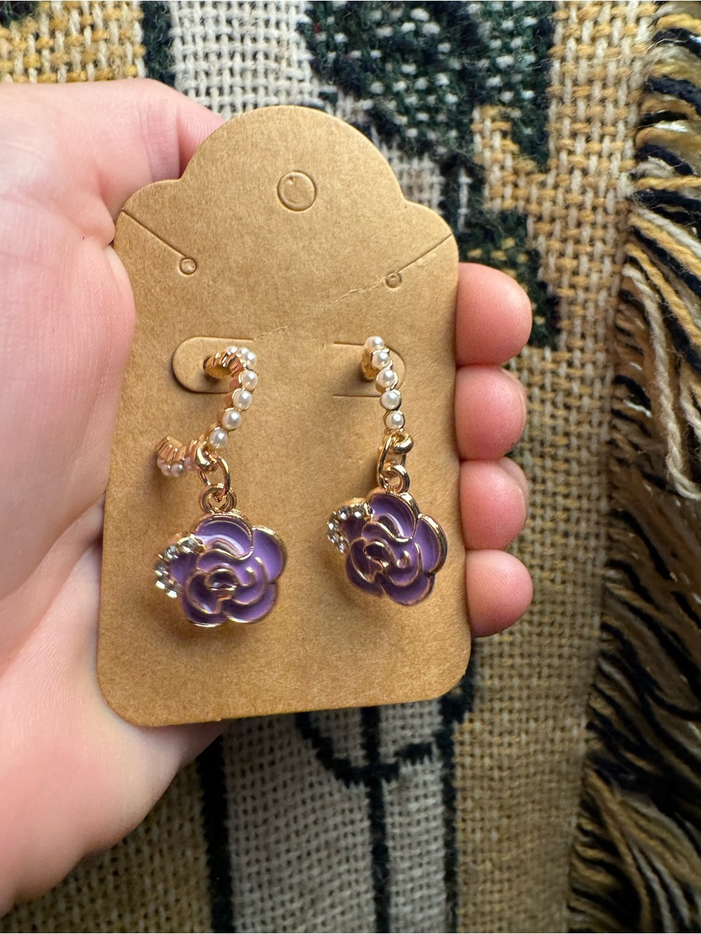 Gold-Tone Purple Flower Drop Earrings with Pearl-Style Detail